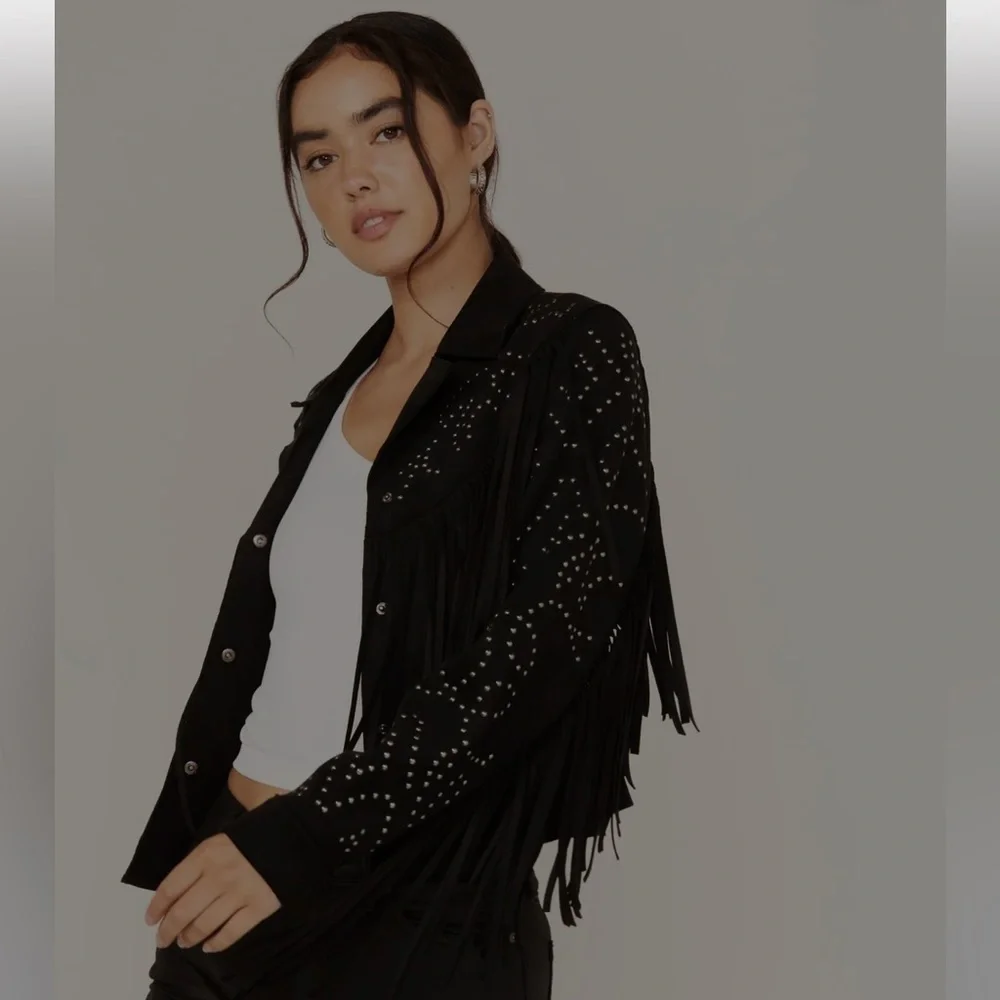 FRINGE AND STUDDED FAUX SUEDE SNAP JACKET idyllwind Blair size small - Picture 2 of 11